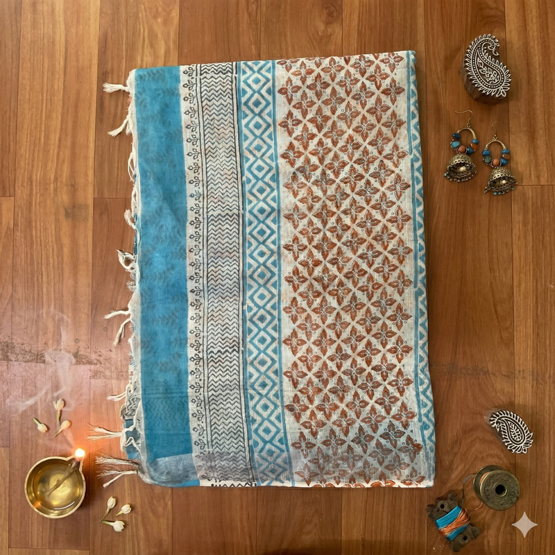 Qyaari Women’s Hand Block Printed Linen Saree | Breathable Fabric | Elegant Traditional Wear | With Blouse - additional view