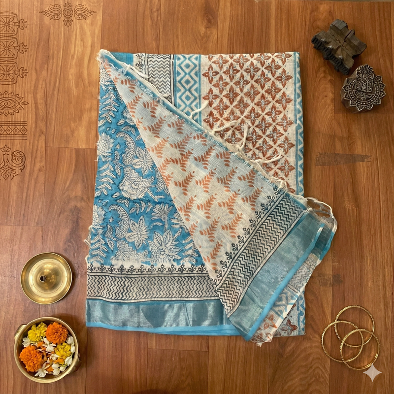 Qyaari Women’s Hand Block Printed Linen Saree | Breathable Fabric | Elegant Traditional Wear | With Blouse - additional view