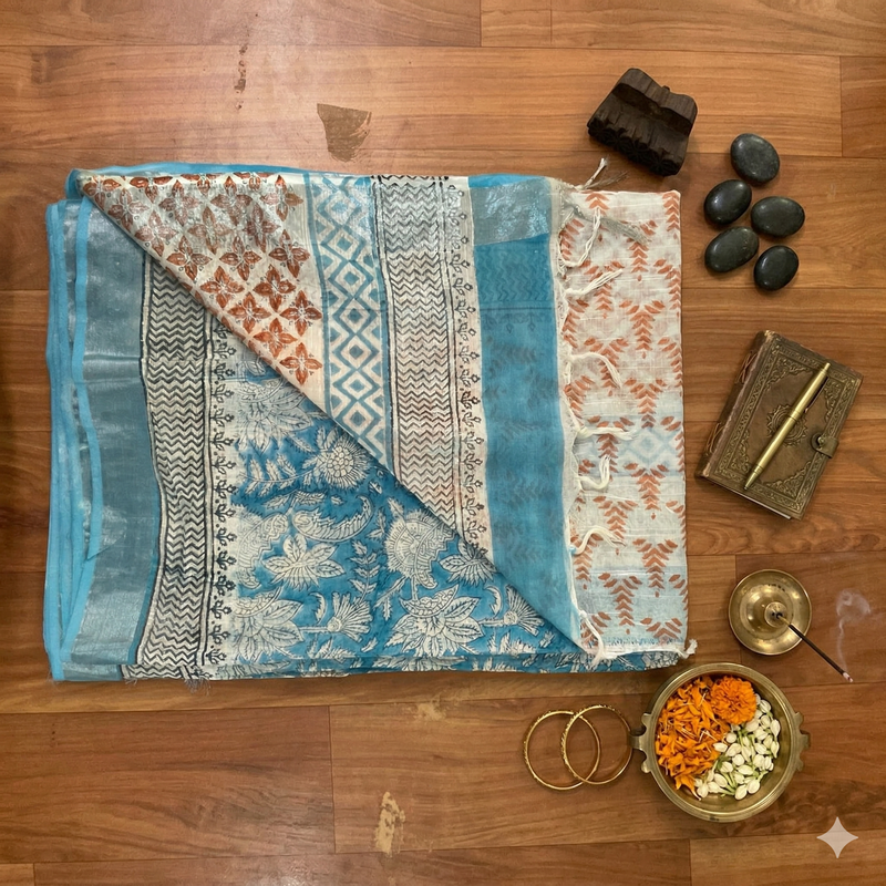 Qyaari Women’s Hand Block Printed Linen Saree | Breathable Fabric | Elegant Traditional Wear | With Blouse - additional view