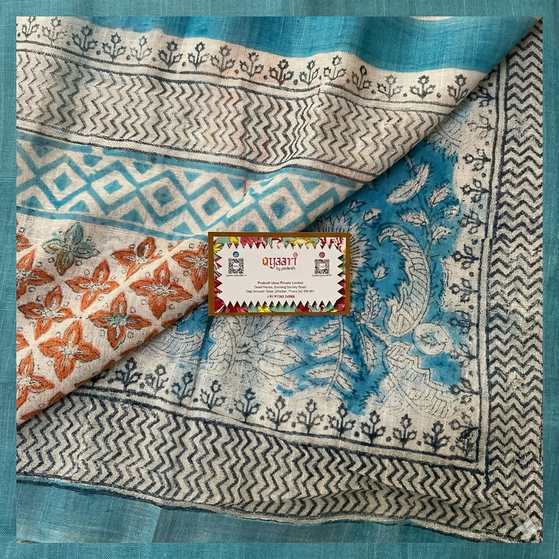 Qyaari Women’s Hand Block Printed Linen Saree | Breathable Fabric | Elegant Traditional Wear | With Blouse - additional view