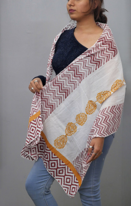 Mustard Bloom & Maroon Maze Handblock Printed Cotton Stole - additional view