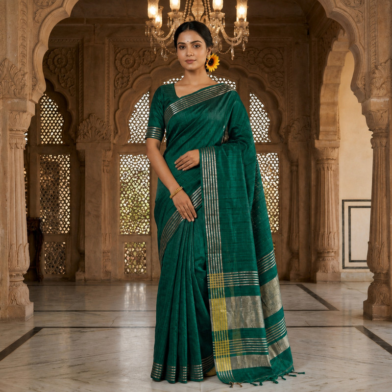 Celebrate the auspicious spirit of Navratri Day 9 in the enchanting shade of peacock green with our Gheecha Silk Saree