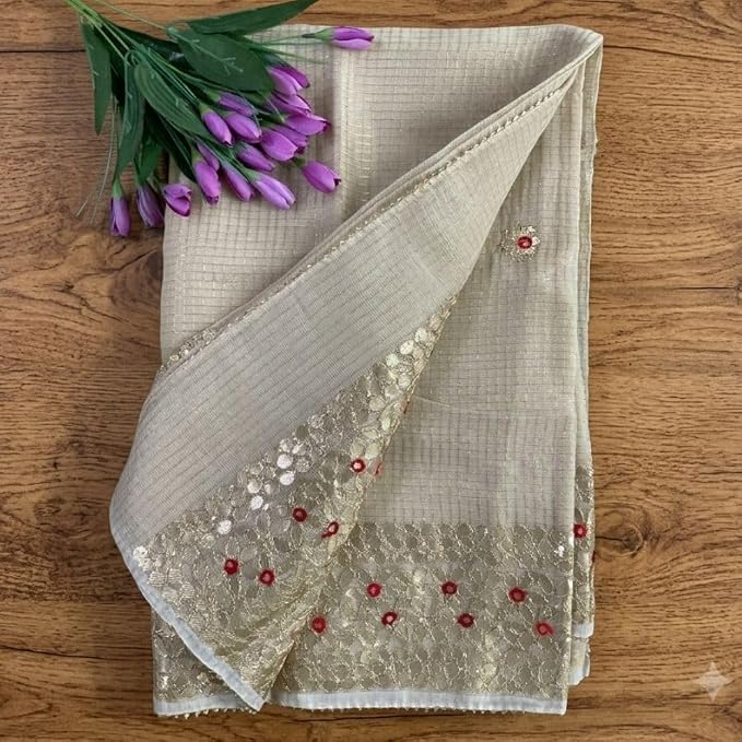 Women's Kota Doria Gota Patti Saree with Aari Work & Unstitched Blouse Piece - additional view