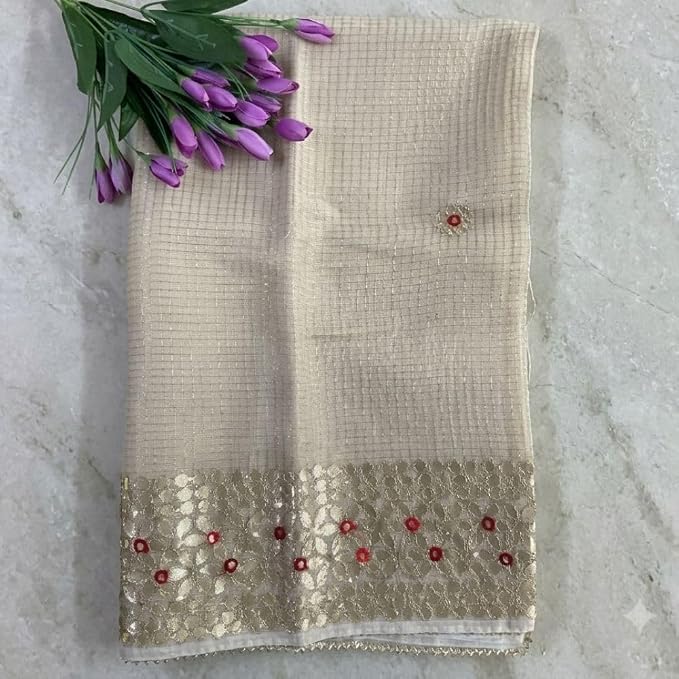 Women's Kota Doria Gota Patti Saree with Aari Work & Unstitched Blouse Piece - additional view
