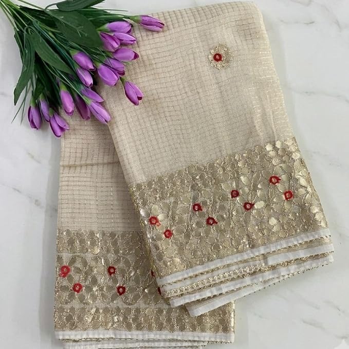 Women's Kota Doria Gota Patti Saree with Aari Work & Unstitched Blouse Piece - additional view