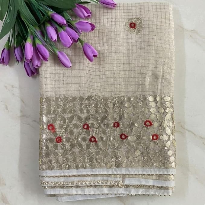 Women's Kota Doria Gota Patti Saree with Aari Work & Unstitched Blouse Piece - additional view