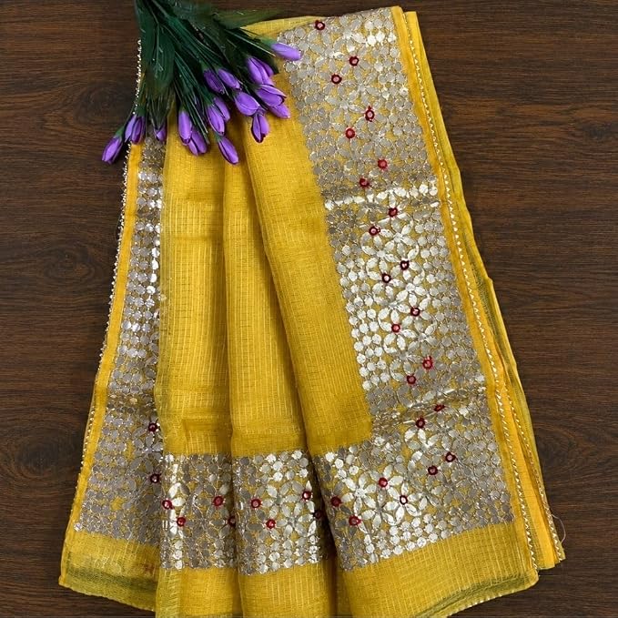 Celebrate the festive spirit of Navratri Day 5 in the radiant color yellow with our exquisite Kota Doria Gota Patti Saree - additional view