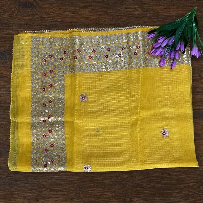 Celebrate the festive spirit of Navratri Day 5 in the radiant color yellow with our exquisite Kota Doria Gota Patti Saree - additional view