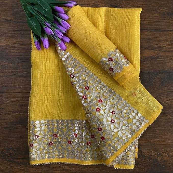Celebrate the festive spirit of Navratri Day 5 in the radiant color yellow with our exquisite Kota Doria Gota Patti Saree - additional view