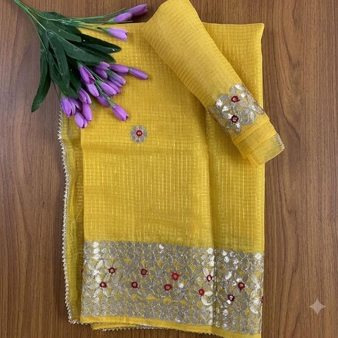Celebrate the festive spirit of Navratri Day 5 in the radiant color yellow with our exquisite Kota Doria Gota Patti Saree - additional view