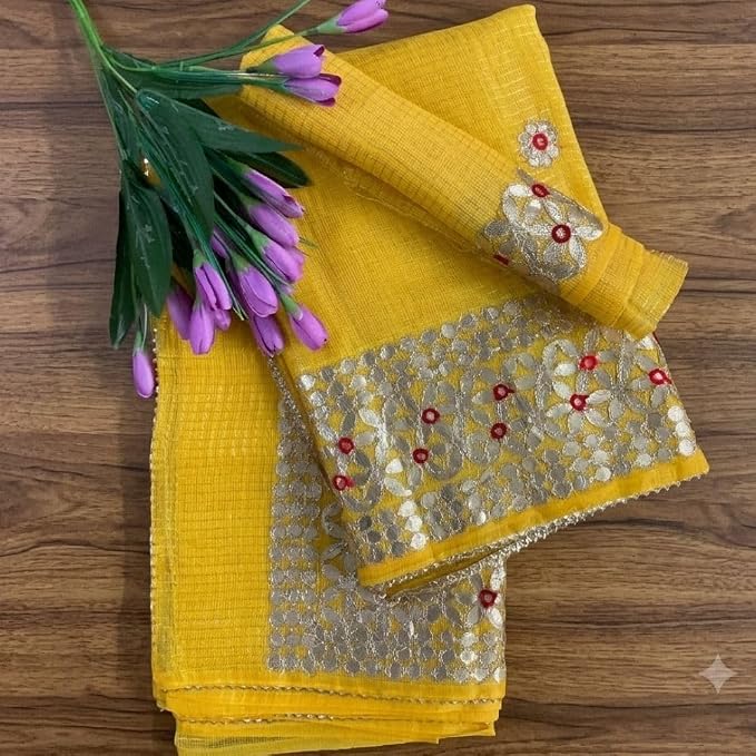 Celebrate the festive spirit of Navratri Day 5 in the radiant color yellow with our exquisite Kota Doria Gota Patti Saree - additional view