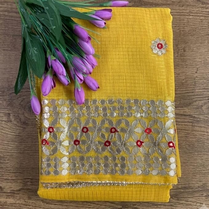 Celebrate the festive spirit of Navratri Day 5 in the radiant color yellow with our exquisite Kota Doria Gota Patti Saree - additional view