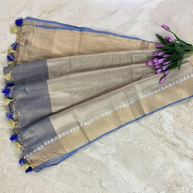 Women's Linen Silk Saree with Temple Border & Unstitched Blouse Piece - additional view