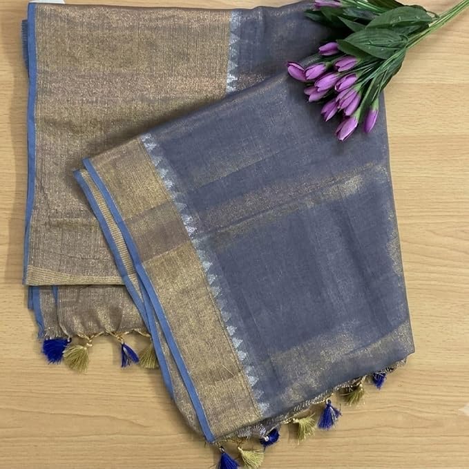 Women's Linen Silk Saree with Temple Border & Unstitched Blouse Piece - additional view