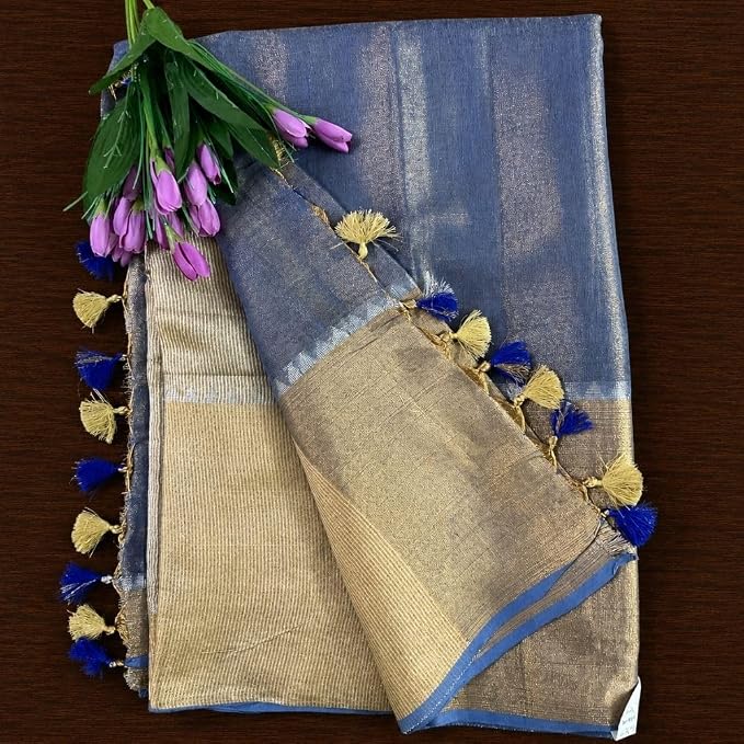 Women's Linen Silk Saree with Temple Border & Unstitched Blouse Piece - additional view