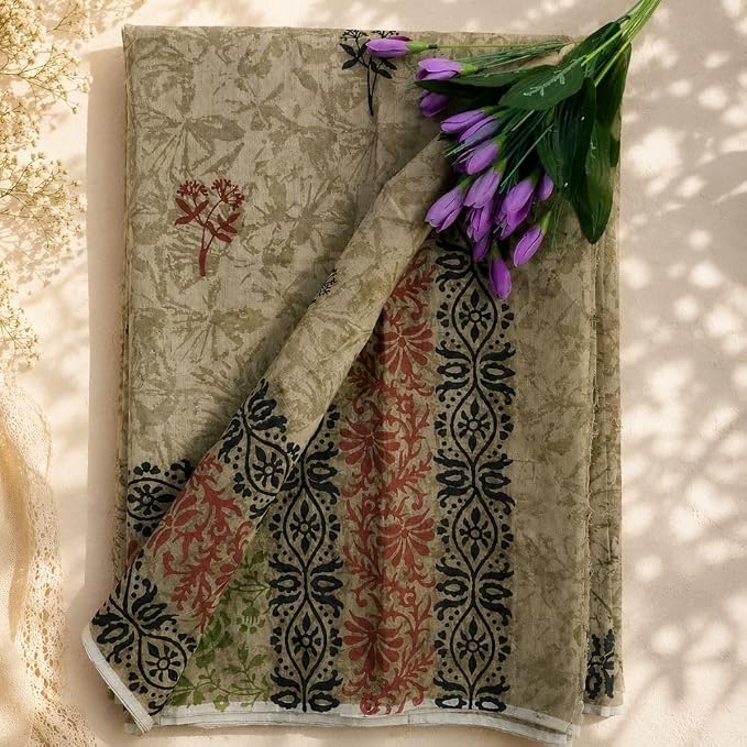 Women's Ready to Wear Handcrafted Chanderi Silk Saree with Hand Block Print - additional view