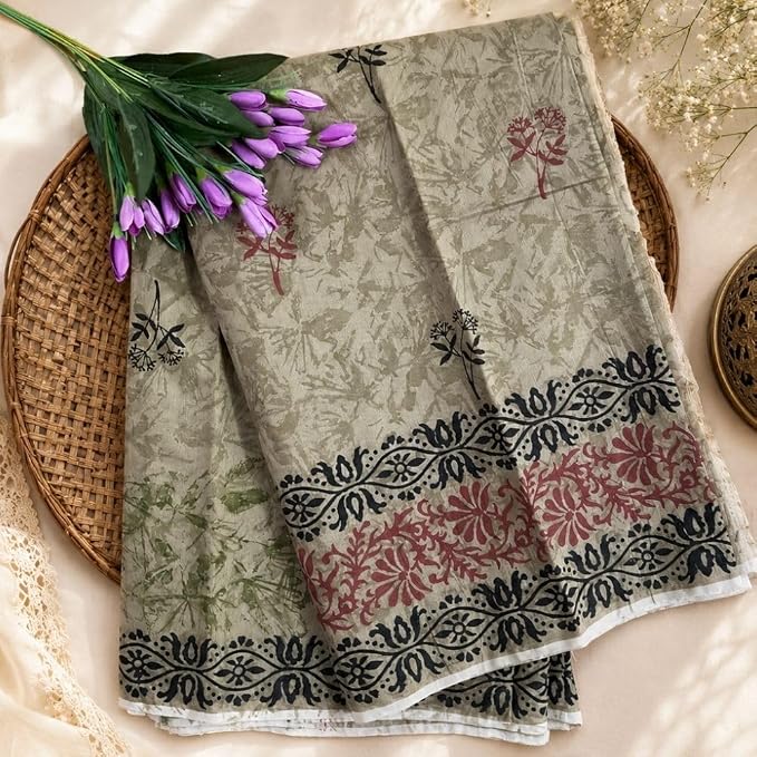 Women's Ready to Wear Handcrafted Chanderi Silk Saree with Hand Block Print - additional view