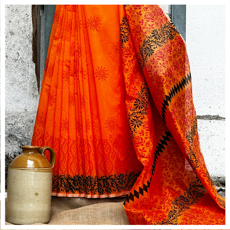 Celebrate the vibrant spirit of Navratri Day 1 with our Hand Block Printed Orange Saree - additional view