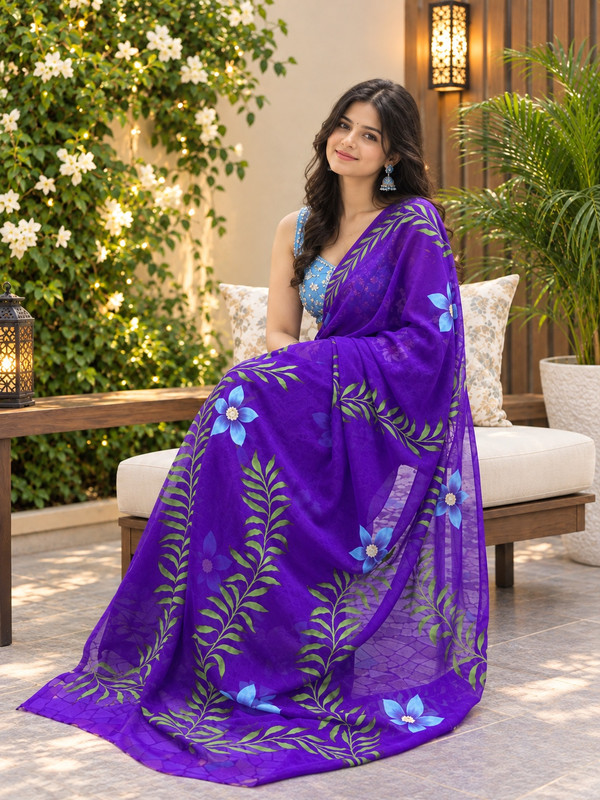 Hand-Painted Georgette Saree | Elegant Lightweight Drape with Artistic Detailing Design - 2