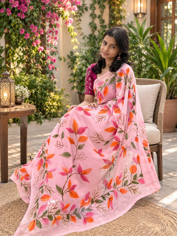 Hand-Painted Georgette Saree | Elegant Lightweight Drape with Artistic Detailing Design - 5