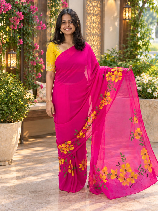 Hand-Painted Georgette Saree | Elegant Lightweight Drape with Artistic Detailing Design - 6