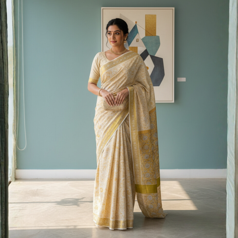 Kerala Tissue Handblock Printed Saree | Traditional Golden Glow with Artistic Prints