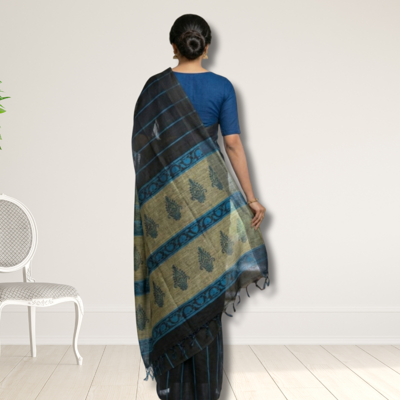 Handblock Printed Linen by Linen Saree with Blouse Piece | Premium Natural Linen | Elegant Everyday & Work Wear - additional view