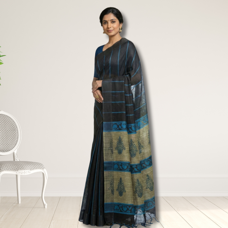 Handblock Printed Linen by Linen Saree with Blouse Piece | Premium Natural Linen | Elegant Everyday & Work Wear - additional view