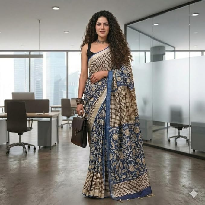 Qyaari Women's Hand Block Printed Linen Saree with Blouse | Lightweight Fabric