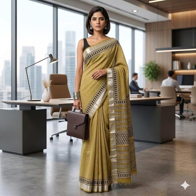 Qyaari Women's Hand Block Printed Linen by Cotton Saree with Blouse | Breathable Fabric
